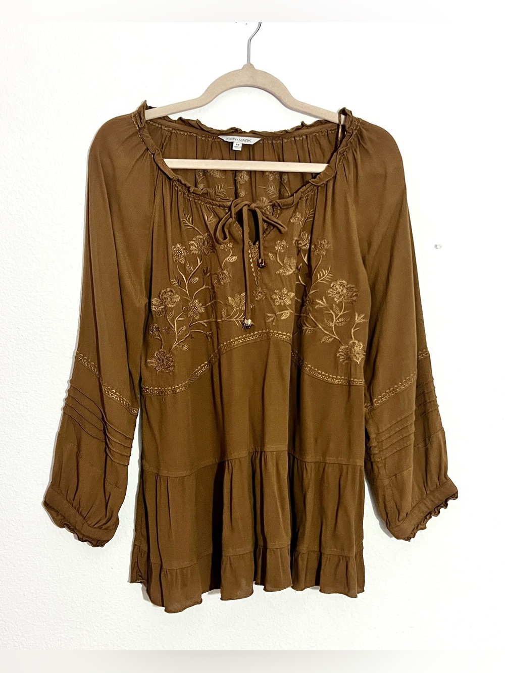 John Mark Brown Embroidered Boho Blouse Sz M Prairie